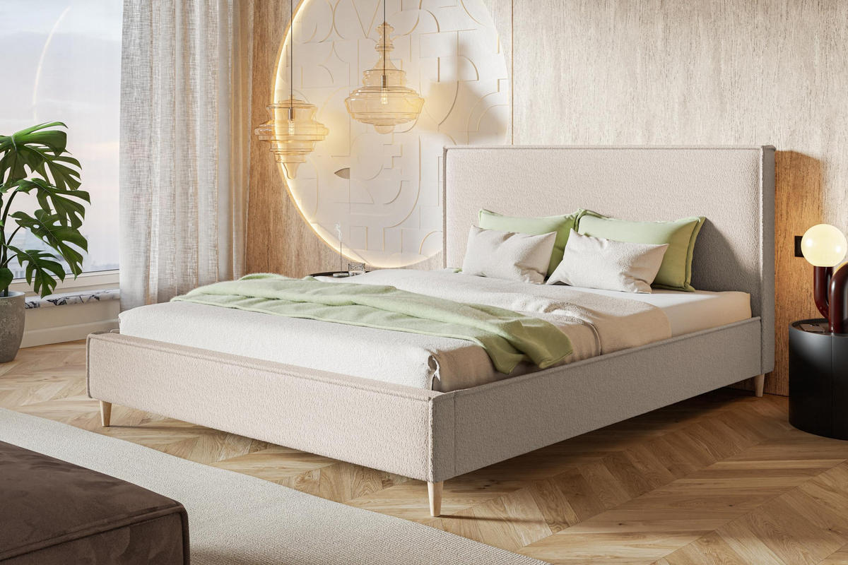 POLSTERBETT LUX RICO mit Kopfteil, 120 x 200 cm, Doppelbett mit Lattenrost aus Holz, Boucle-Stoff Beige, Füße in Farbe: Braun - Beige, Holz/Textil (120/200cm) - Alpi-Möbel