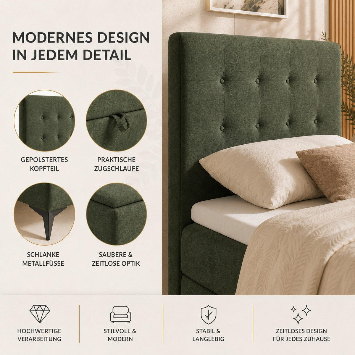 BOXBETT K15 Single SLIM mit Bettkasten & Bonell-Federkern inkl. Topper - Olivgrün, Holz/Textil (200/80cm) - Best For Home