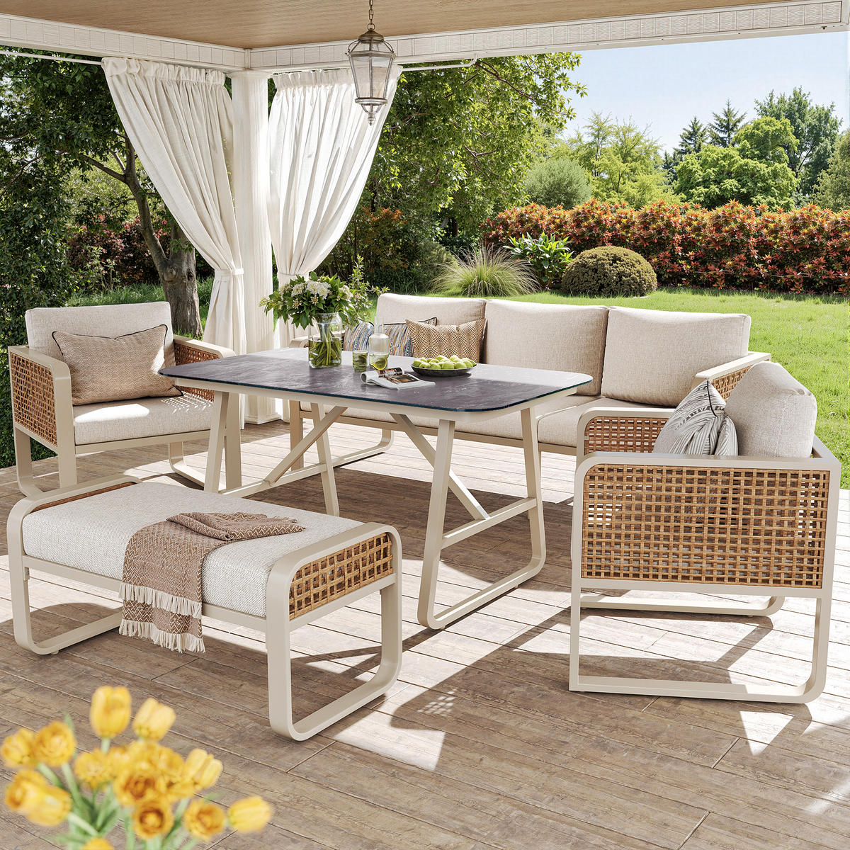 LOUNGESET 6-7 Personen Beige PE-Rattan Mit Waschbaren Kissen - Beige, Metall - FLIEKS