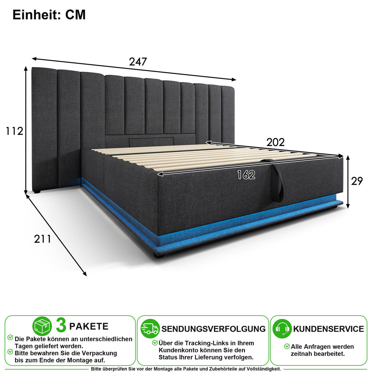 POLSTERBETT 160/200 cm in Grau mit Bettkasten, LED und USB Leinen - Grau, Holzwerkstoff/Textil (160/200cm) - CHICFURN