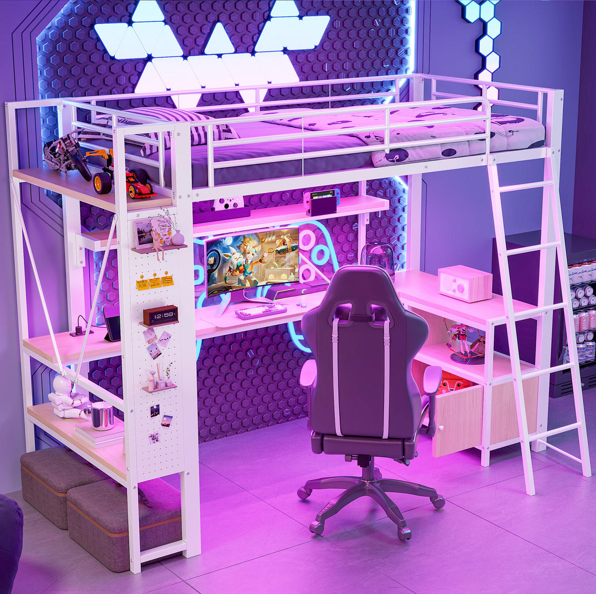 VYSOKÁ posteľ 90/200 cm biela z kovu a MDF s LED osvetlením písacím stolom úložným priestorom a USB - biela, kov (90/200cm) - OKWISH