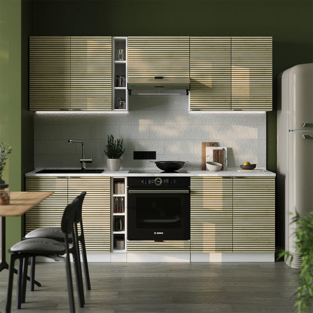 KÜCHENZEILE Fame-Line Eiche Paneel/Weiß 235 cm , AP Eiche - Hellbraun/Weiß, Holzwerkstoff (235/81.6/60cm) - Vicco