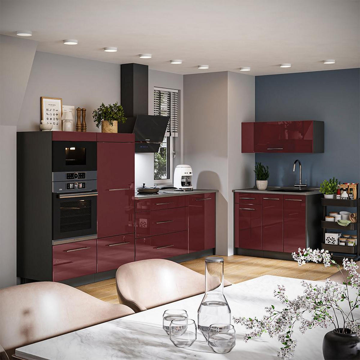 BUCĂTĂRIE Fame-Line, Bordeaux lucios ridicat/antracit, 380 cm fara blat - bordo/antracit, compozit lemnos (380/153.6/51.6cm) - Vicco