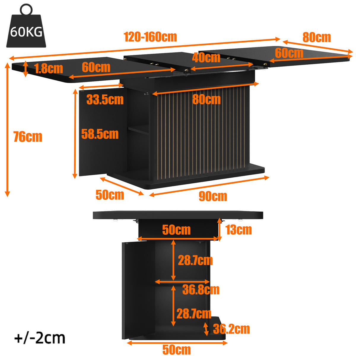 ESSTISCH 120–160/80/76 cm, Schwarz - Schwarz, Holzwerkstoff/Metall (160/80/76cm)