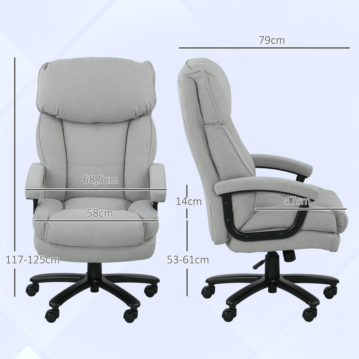 BÜROSTUHL mit Drehfunktion 68,5L x 79B x 117-125cm Hellgrau - Hellgrau, Kunststoff (68.5/125/79cm) - HOMCOM