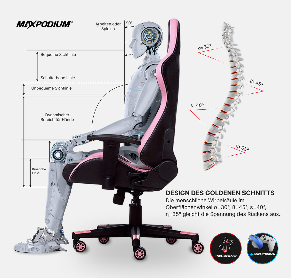 GAMING-BÜROSTUHL TACTICAL Schwarz Rosa - Pink/Schwarz, Kunststoff/Metall (55/137/50cm) - MaxPodium