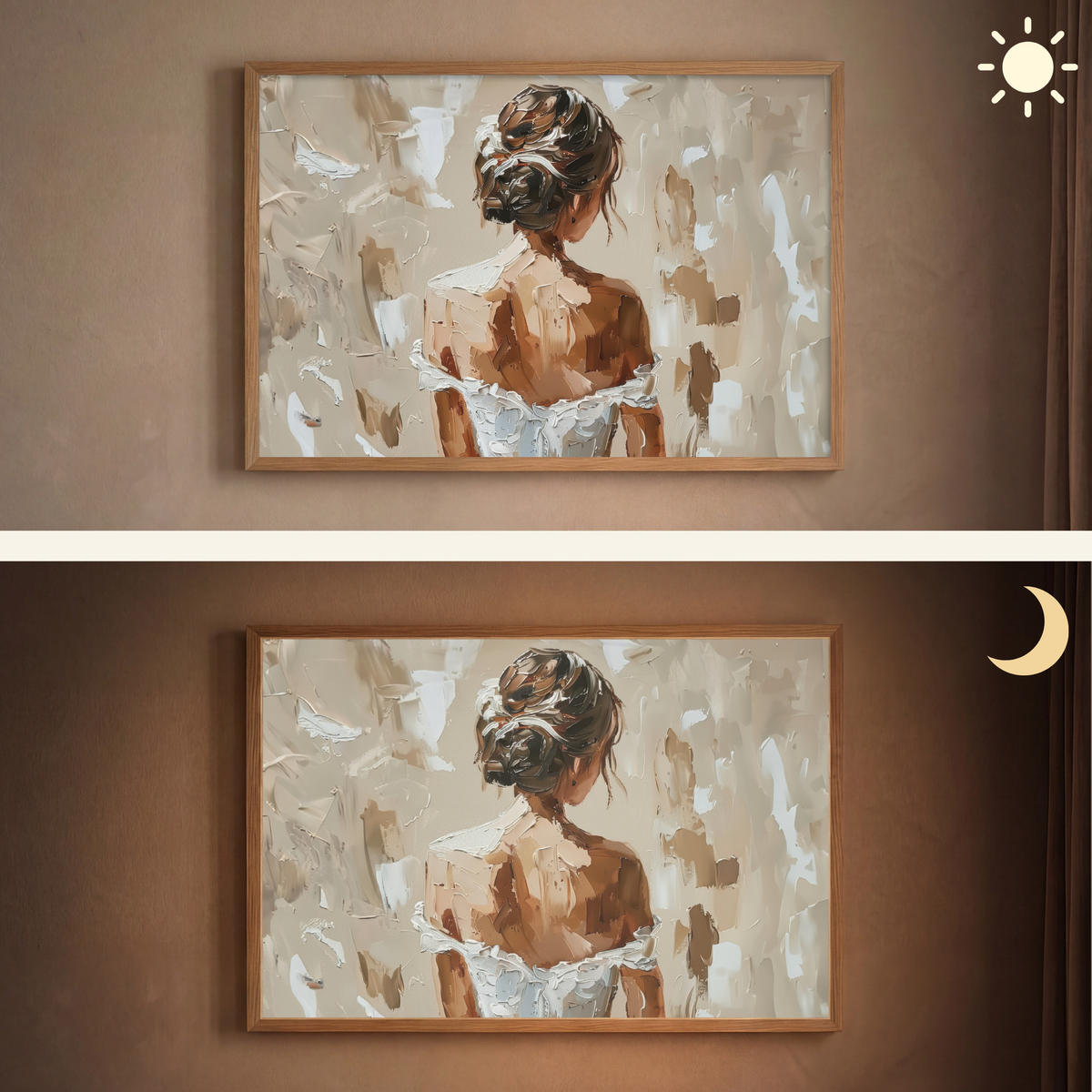 NÁSTĚNNÁ LAMPA S AKUMULÁTOREM Žena - malba - abstraktní - béžová - moderní 100x70 cm - světle hnědá, kompozitní dřevo (100/70/8cm) - OnlyWow