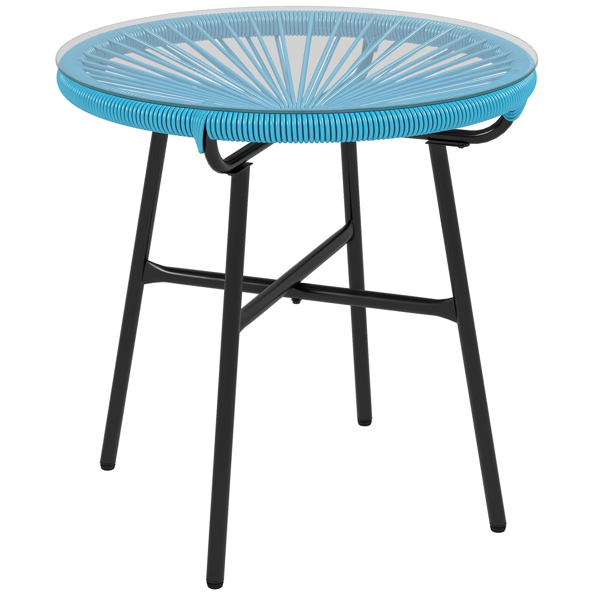 GARTENBEISTELLTISCH DE-13583 rund mit Glasplatte, PE-Rattan Natur - Blau, Metall (50/50/50cm) - ComfortXL