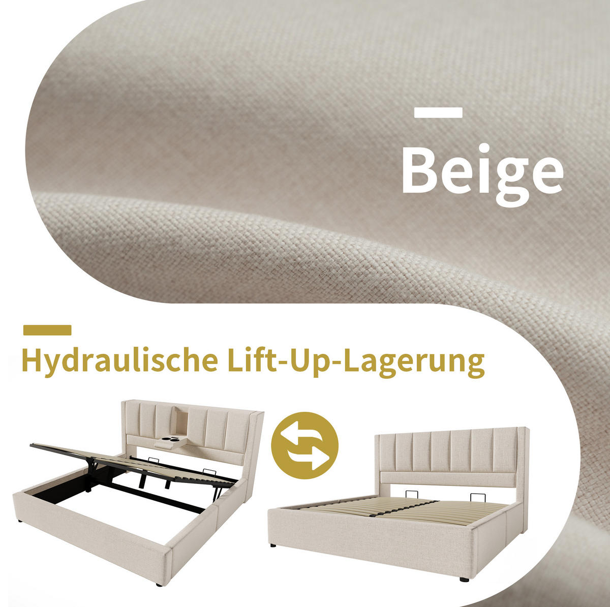 ČALOUNĚNÁ postel 160/200 cm béžová ze lnu s matrací, úložným prostorem a USB nabíjením - béžová, textil (160/200cm) - OKWISH