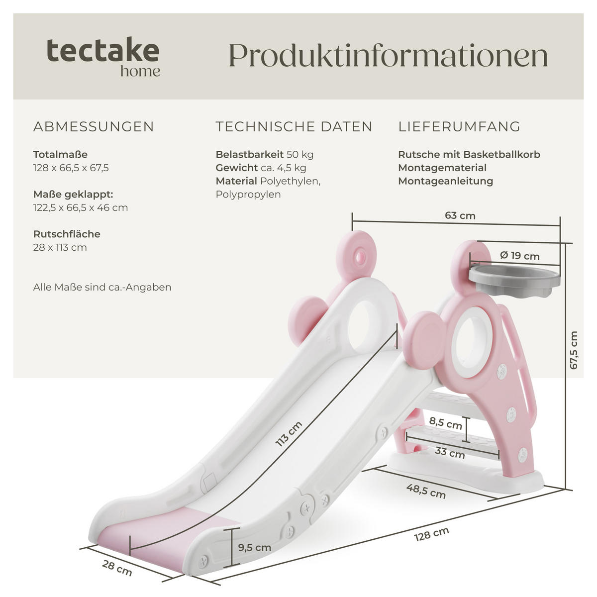 KINDERRUTSCHE Joy,Belastbarkeit 50 kg, 128 x 66,5 x 67,5 cm,pink - Pink, Kunststoff (66.5/67.5/128cm) - tectake