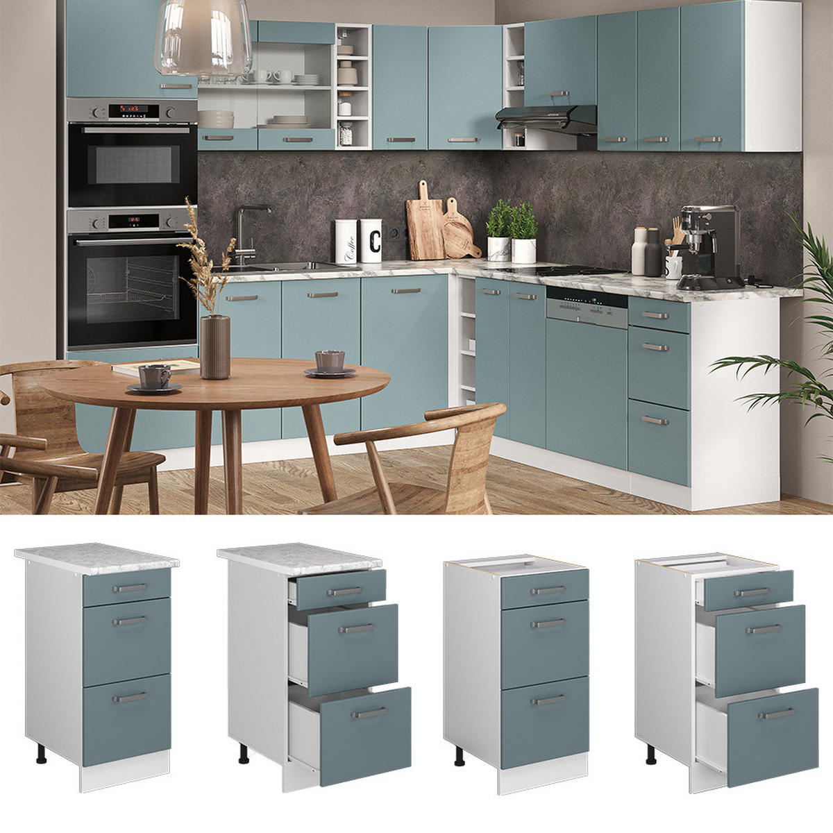 KÜCHENUNTERSCHRANK R-Line Blau-Grau 40 cm mit Schubladen, AP Marmor - Blaugrau/Weiß, Holzwerkstoff (40/81.6/60cm) - Vicco