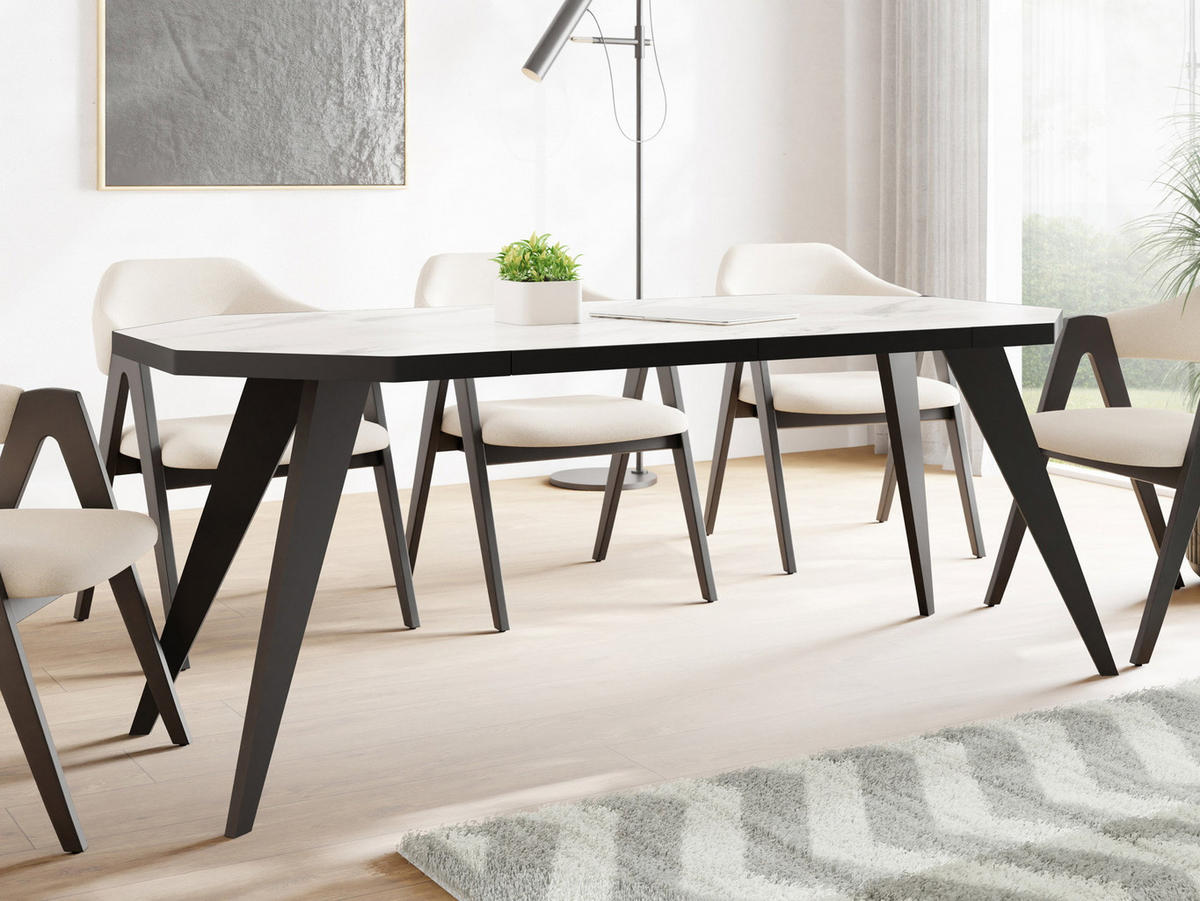 ESSTISCH Diamond Black achteckiger ausziehbarer, Marmor Weiß 100-150/100/76 cm - Ecru/Schwarz, Holz/Holzwerkstoff (100/150/77cm) - WFL GROUP