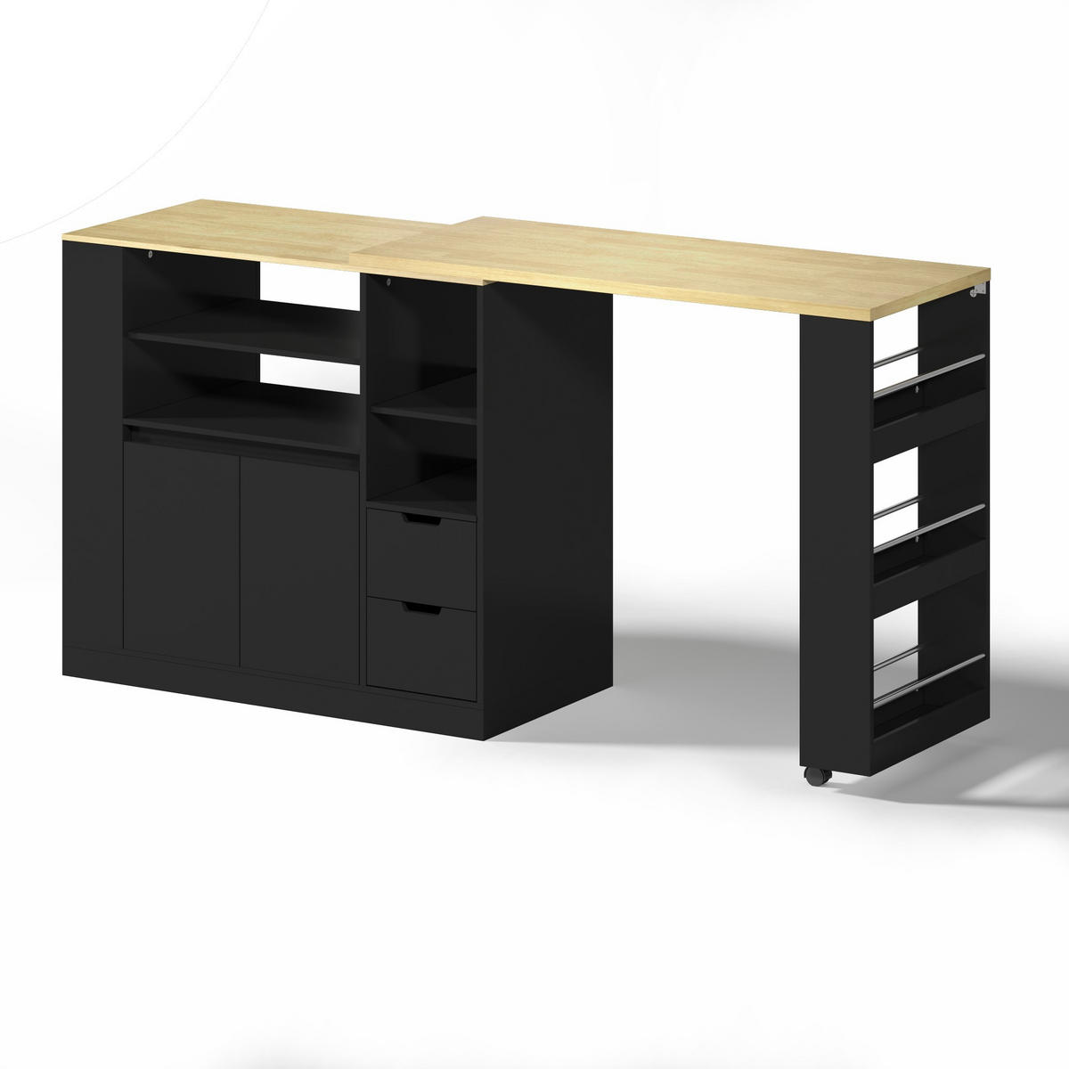 KÜCHENINSEL 100/50/89.5 cm Schwarz mit ausziehbarer Arbeitsplatte und 2 Schubladen - Schwarz, Holz/Holzwerkstoff (50/92/115cm) - Oxeza