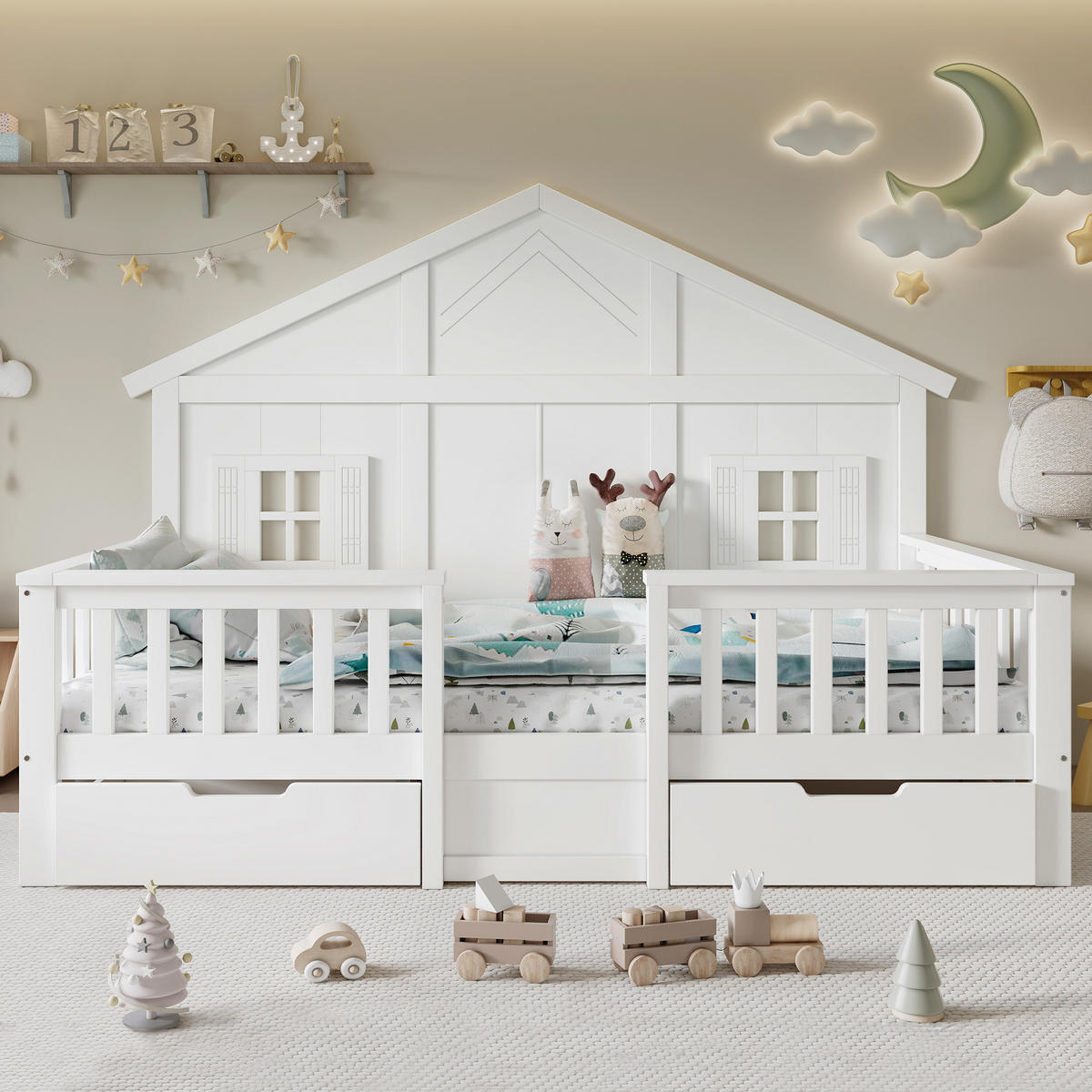 KINDERBETT 90x200 cm Haus Schubladen weiß - Weiß, Holz (90/200cm) - LEBENLANG