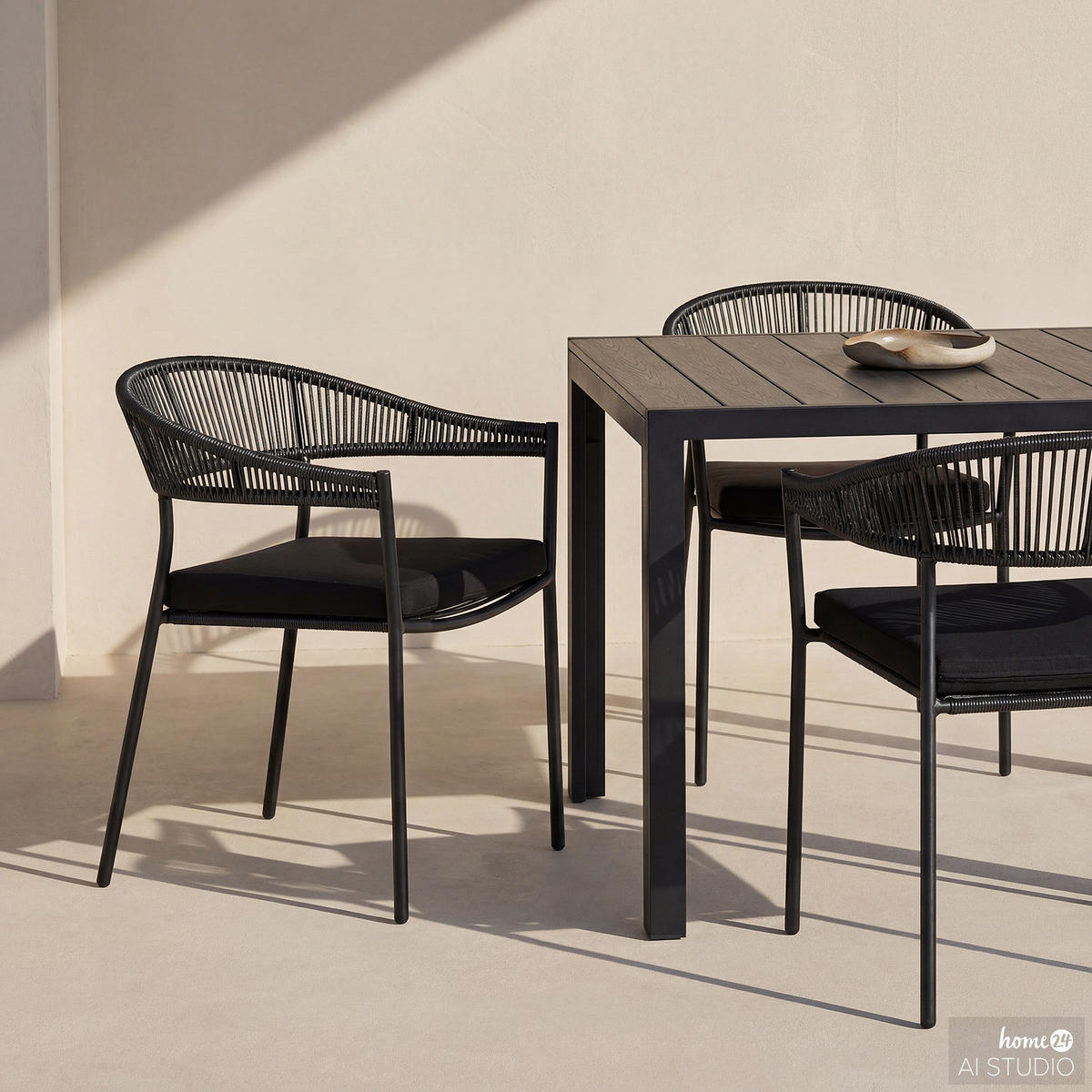 GARTENESSGRUPPE - 3-teilig - Stahl / Polyrattan - Schwarz - Schwarz, Kunststoff/Textil - home24