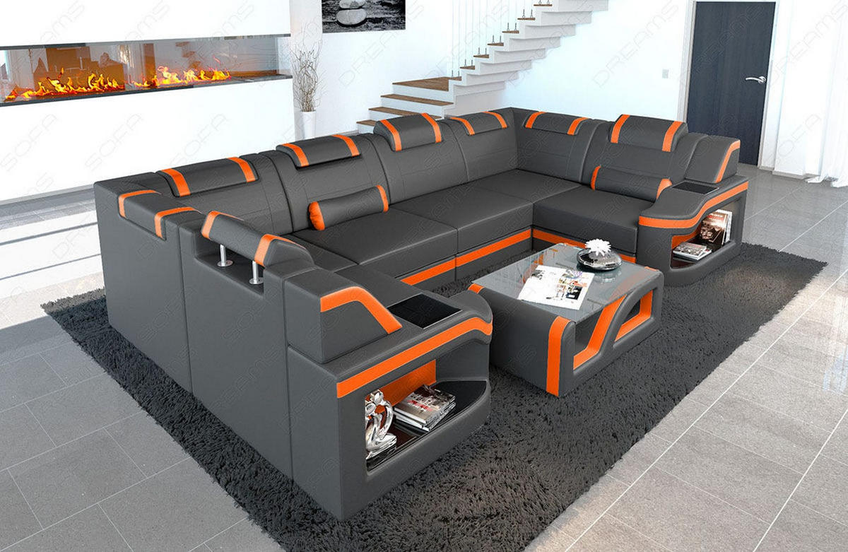 WOHNLANDSCHAFT Sofa Padua U Grau Orange Kunstleder - Grau, Textil (308/80/185cm)