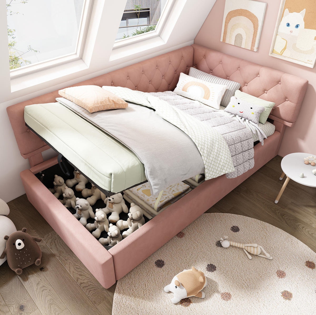 KINDERBETT Polsterbett 90/200 cm aus Samt mit hydraulischem Bettkasten Rosa - Pink, Textil (90/200cm) - Modenvie