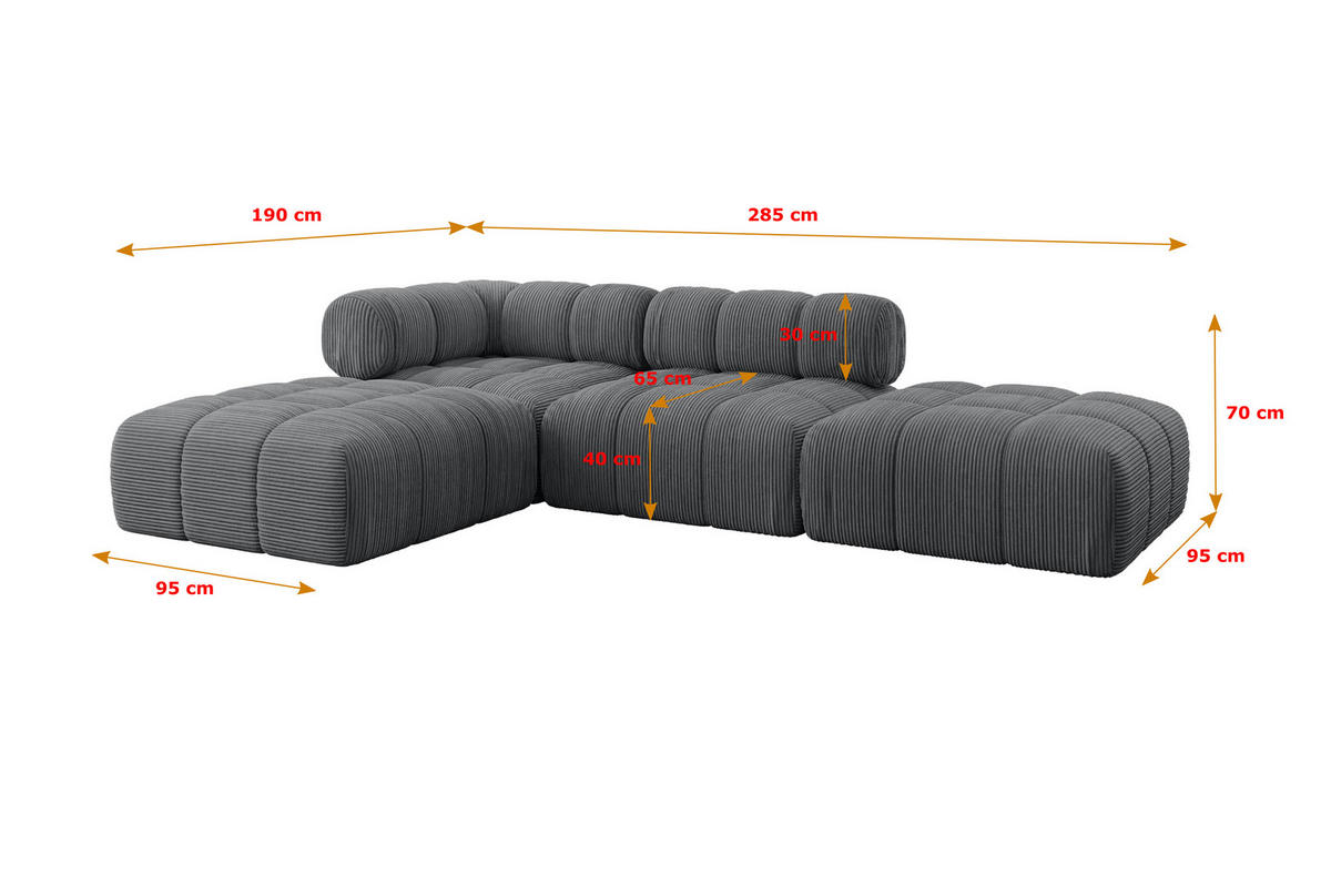 ECKSOFA modulares Sofa Kerru-L1 - 285x190x70 cm Dunkelgrau Cord - Dunkelgrau, Holzwerkstoff/Textil (285/190cm) - ALTDECOR