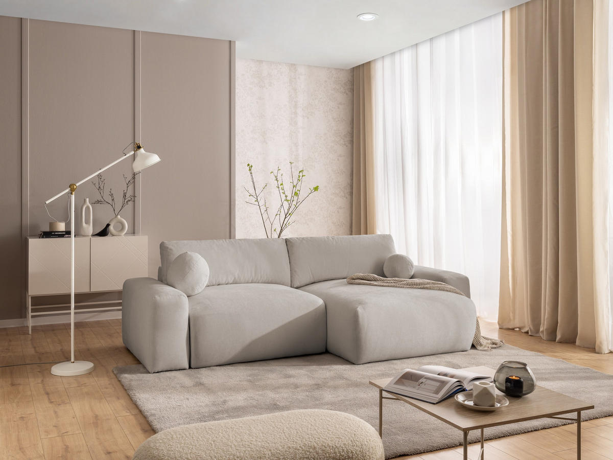 ECKSOFA Puffy mit Schlaffunktion und Bettkasten - besonders weich und puffig aus Beige Webstoff - Ottomane rechts - Beige/Schwarz, Holz/Kunststoff (266/138cm) - S-Style Möbel