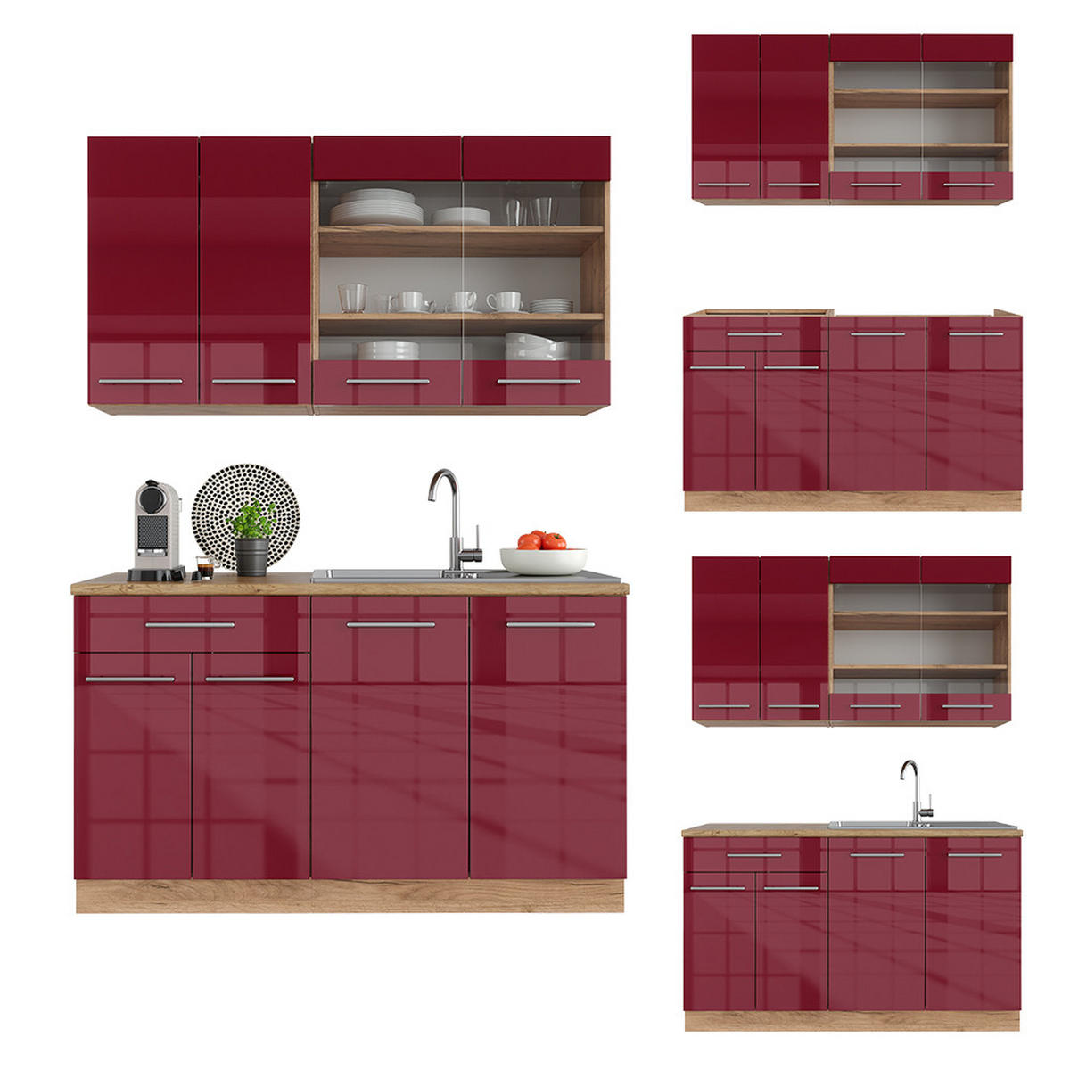 SINGLEKÜCHE Fame-Line Bordeaux Hochglanz/Goldkraft Eiche 140 cm ohne AP - Bordeaux/Eiche Wotan, Holzwerkstoff (140/81.6/46cm) - Vicco