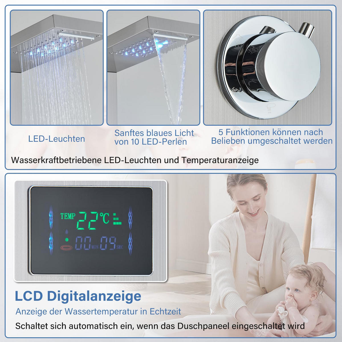 ÜBERKOPFBRAUSESET Edelstahl gebürstet Hydromassage 8 Jets Temperaturanzeige - Silberfarben, Metall (20/122/46cm) - Kaket