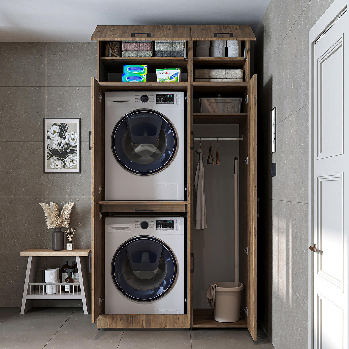 WASCHMASCHINENSCHRANK DORA-I 115cm Breit, 230cm Hoch - Eichefarben, Holzwerkstoff (115/230/73.8cm)
