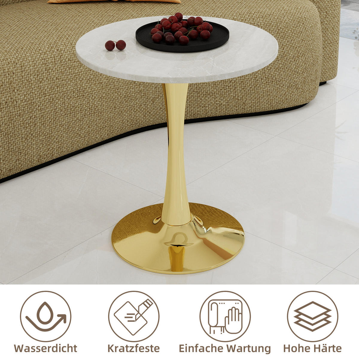 COUCHTISCH 70/70/72 cm Gold Weiß mit runder Kunstmarmorplatte im Minimal-Design - Goldfarben, Stein (70/70/72cm) - OKWISH