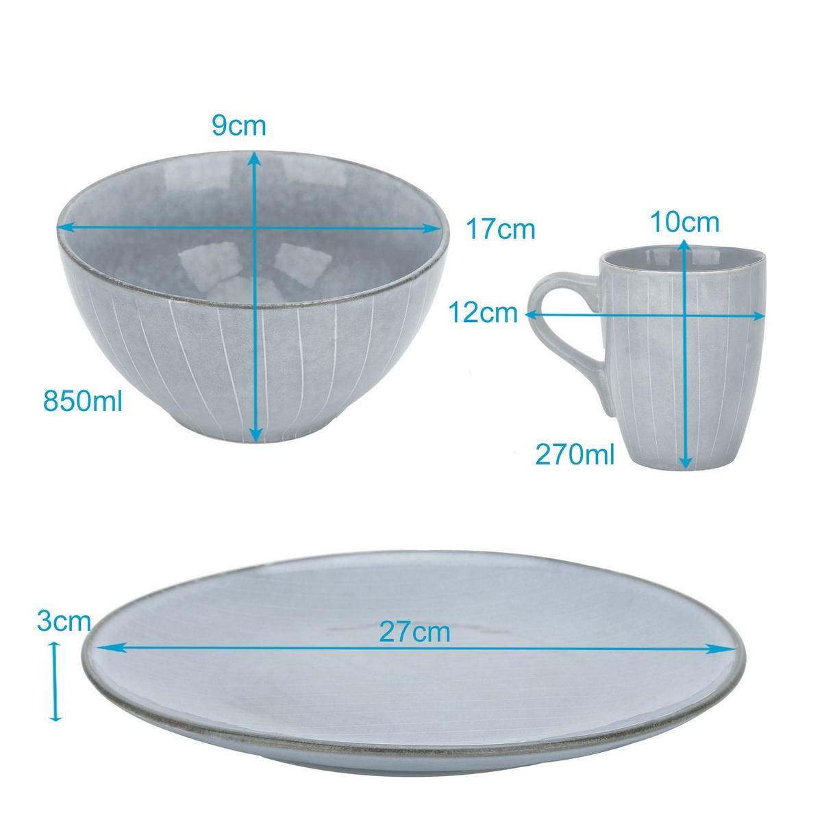 GESCHIRRSET (12-tlg.) - Grau, Keramik (30/29/45cm) - Intirilife