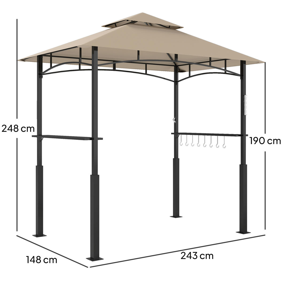 GRILLPAVILLON DE-12666 240/150/250 cm LED, 2 Regale, 8 Haken Kaki - Mokka, Metall (148/248/243cm) - ComfortXL