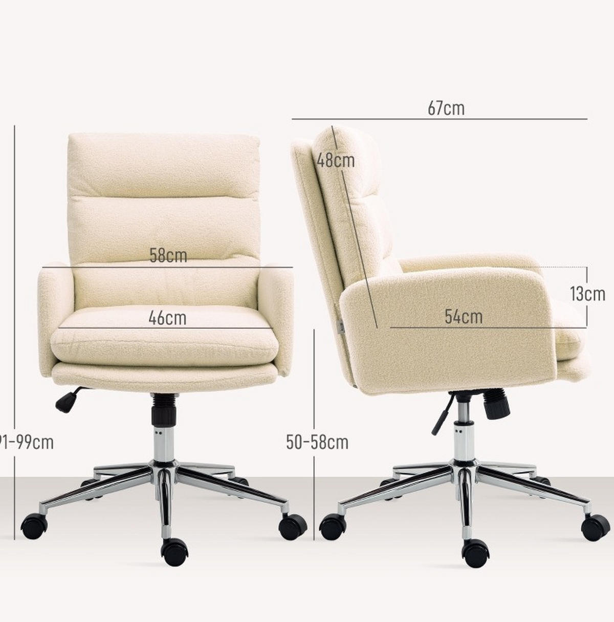 DREHSTUHL 67/58/91-99 cm cremeweiß aus Polyester mit Wippfunktion und Höhenverstellung - Creme, Kunststoff (58/99/67cm) - OKWISH