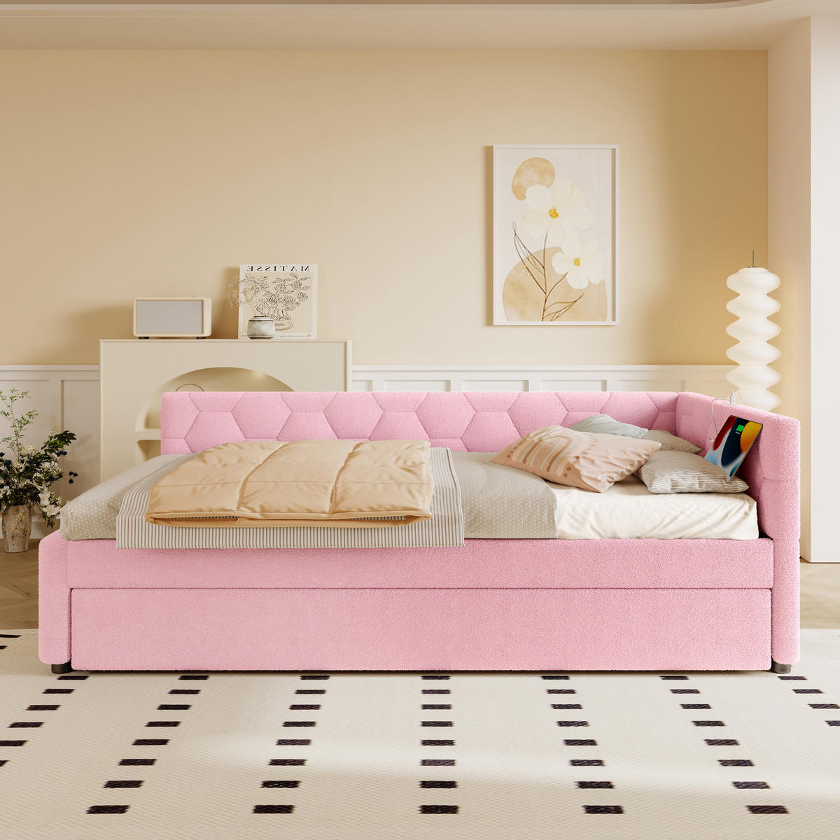 POLSTERBETT 90/200 cm in Rosa mit Polsterbett, Bouclé und USB- und Type-C-Anschlüssen - Rosa, Textil (90/200cm) - Flora Grace