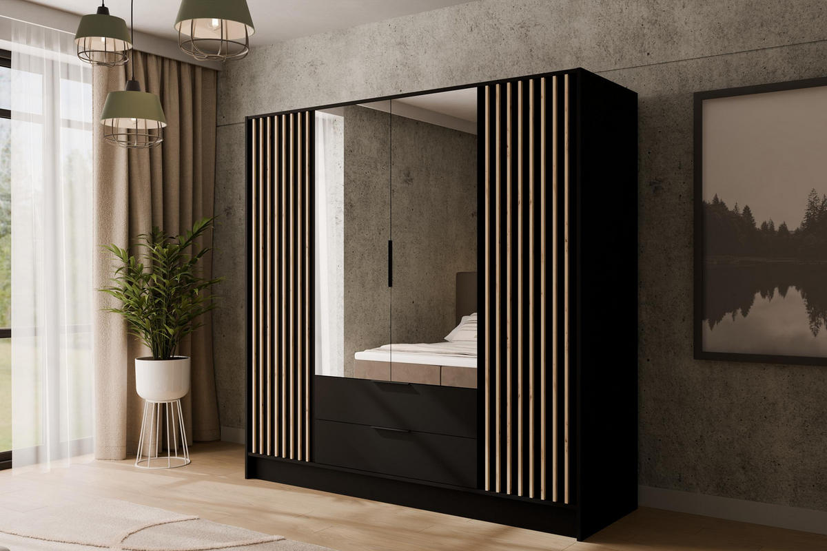 KLEIDERSCHRANK NELIA - 200 cm - Schwarz/Eiche Artisan, Holzwerkstoff (200/200/51cm) - ALTDECOR