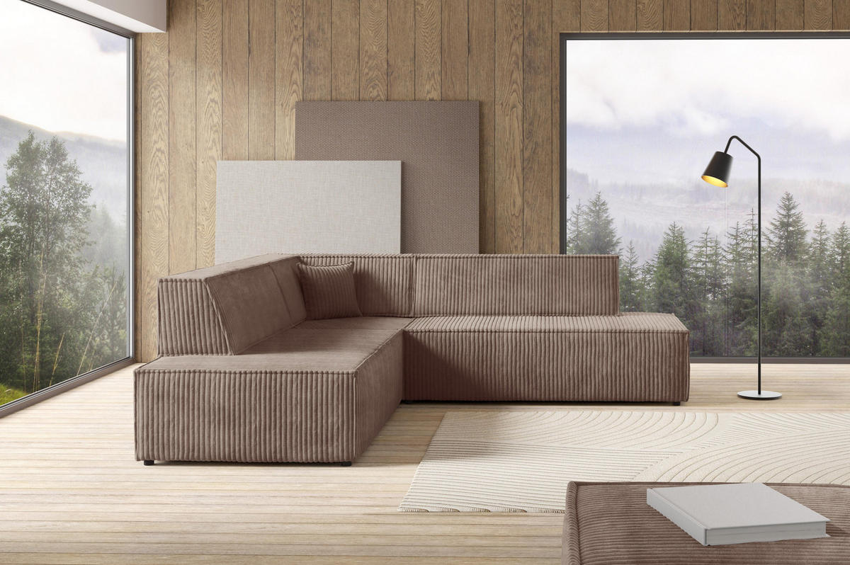 ECKSOFA TESSO II L-S Braun Kordstoff mit Schlaffunktion - Braun, Holz (254/254cm) - MASSENO