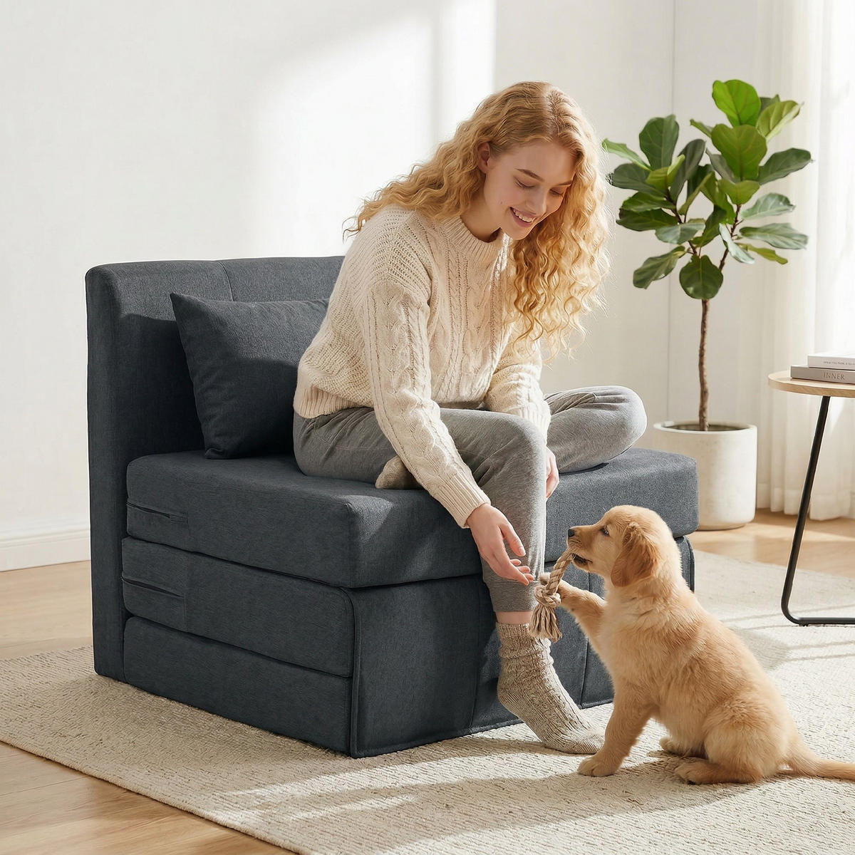 SCHLAFSESSEL DE-06578 klappbares Sofa-Bett, Leinenstruktur Dunkelgrau - Dunkelgrau, Holz/Textil (75/74/80cm) - ComfortXL