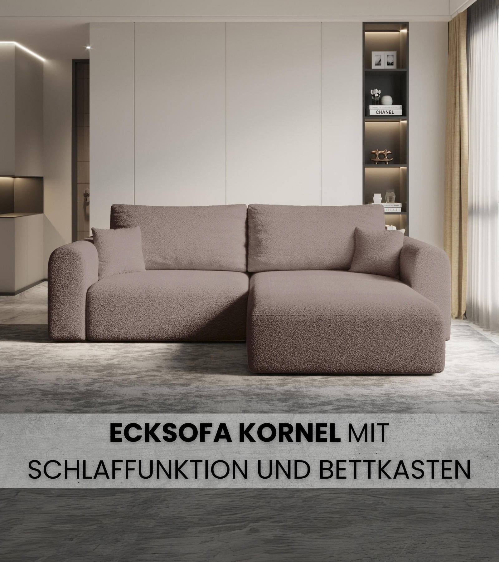 ECKSOFA Kornel mit Schlaffunktion Rosa Boucle - Rosa, Textil (248/165cm) - Bromarkt