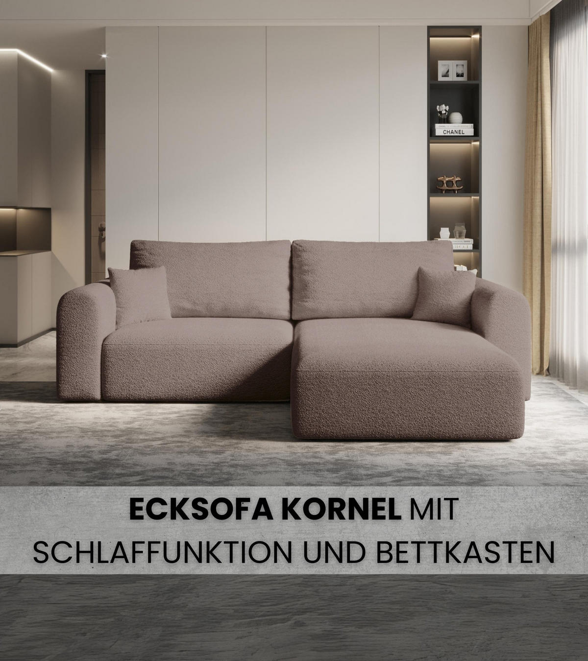 ECKSOFA Kornel mit Schlaffunktion Rosa Boucle - Rosa, Textil (248/165cm) - Bromarkt