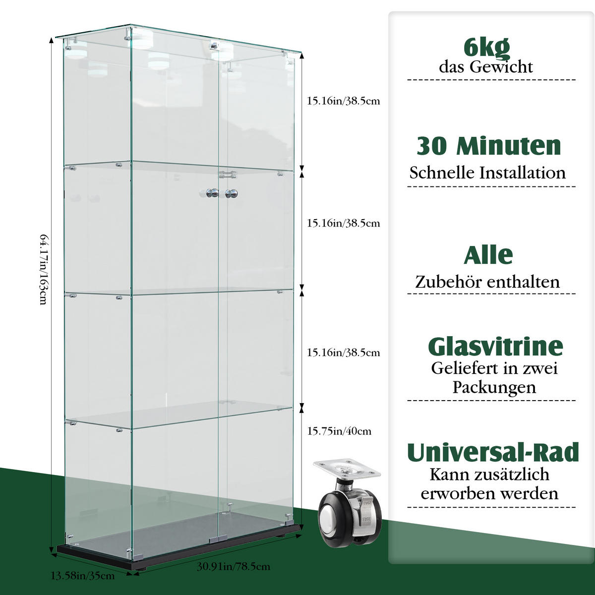 GLASVITRINE LED mit 2 Türen, 4 Regalen, Schloss, Schwarz für Wohnzimmer - Schwarz, Holz (35/163/78.5cm)