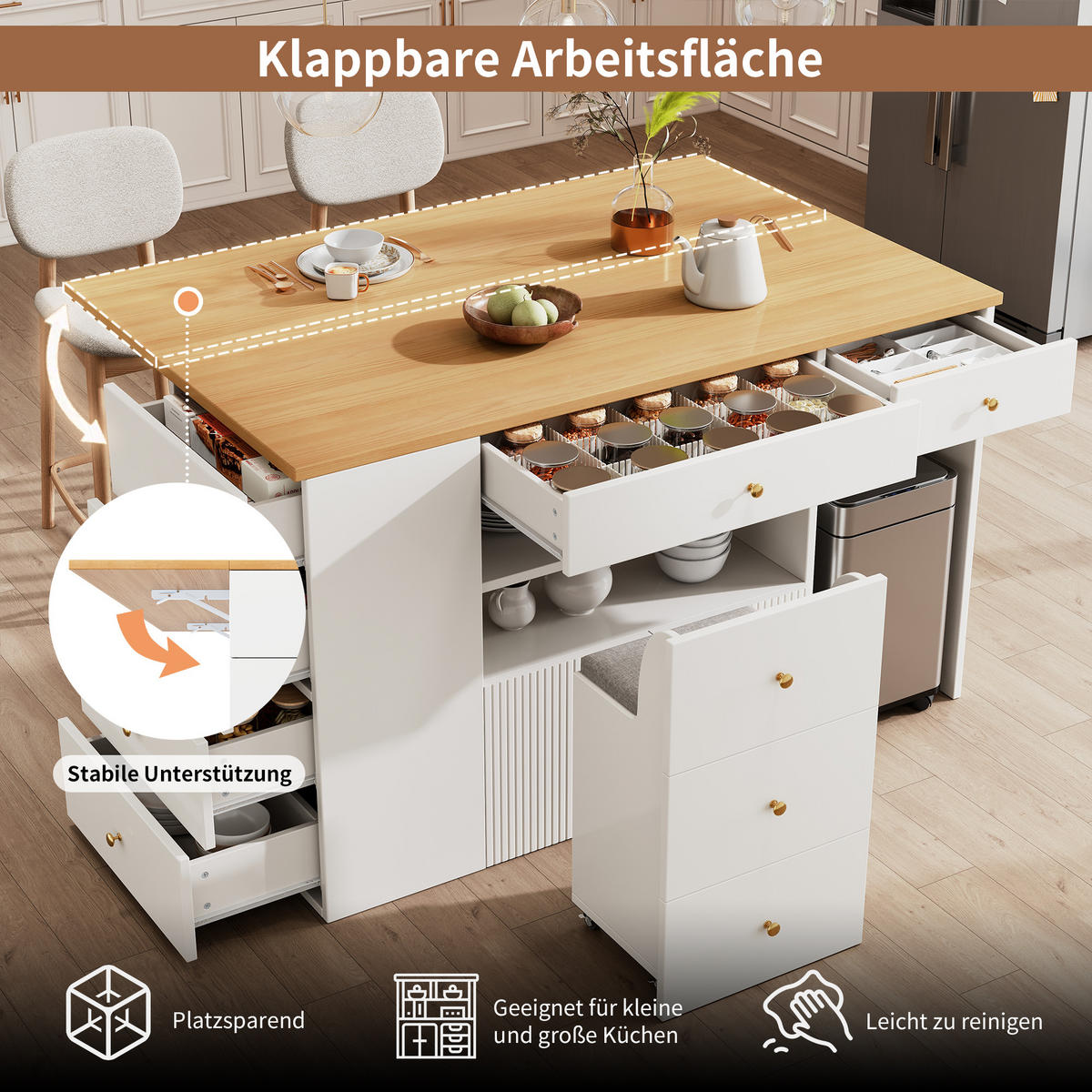 KÜCHENINSEL 140x70x89cm Weiß mit 6 Schubladen, Hocker & Metallgriffen - Weiß, Holzwerkstoff (140/89/70cm) - Modfu