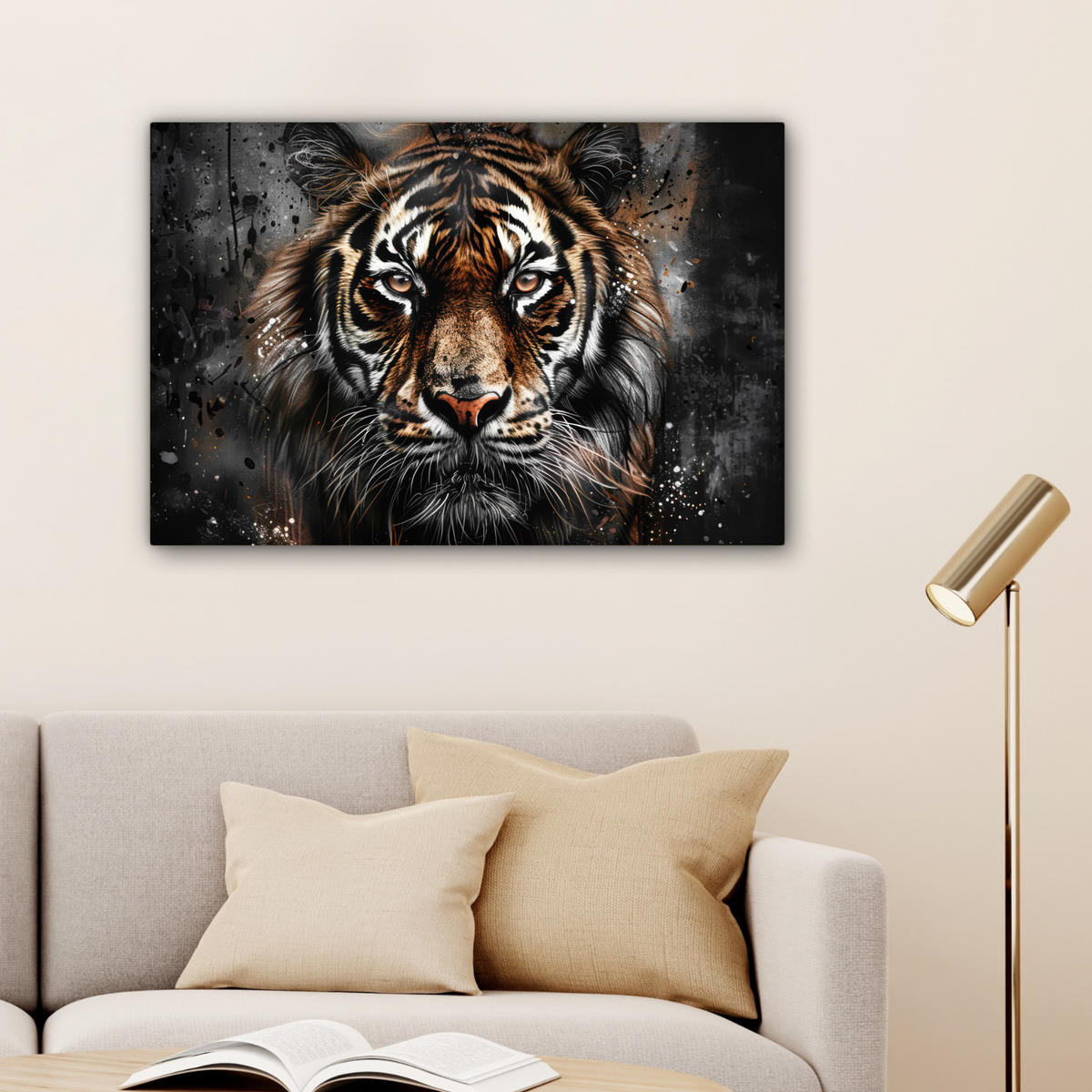 LEINWANDBILD Tiger - Tiere - Porträt - Luxus - Schwarz Gemälde 60x40 cm - Anthrazit, Textil (60/40cm) - MuchoWow