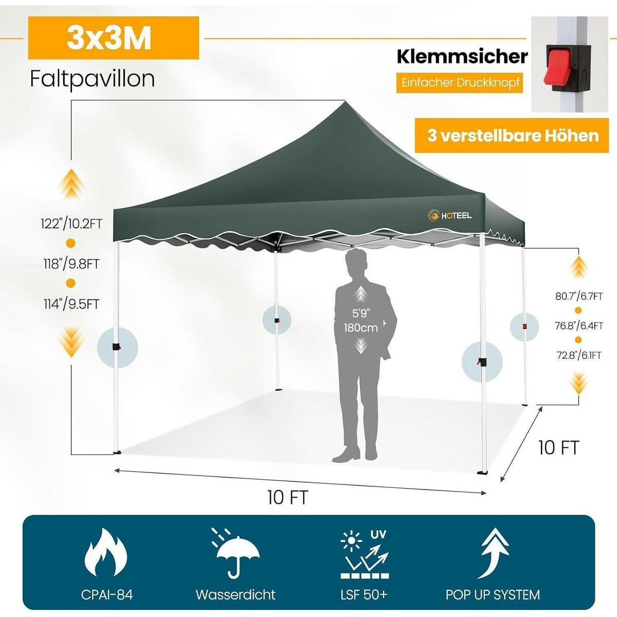FALTPAVILLON 3x3m Grau mit Seitenwänden - Olivgrün, Textil (300/315/300cm)