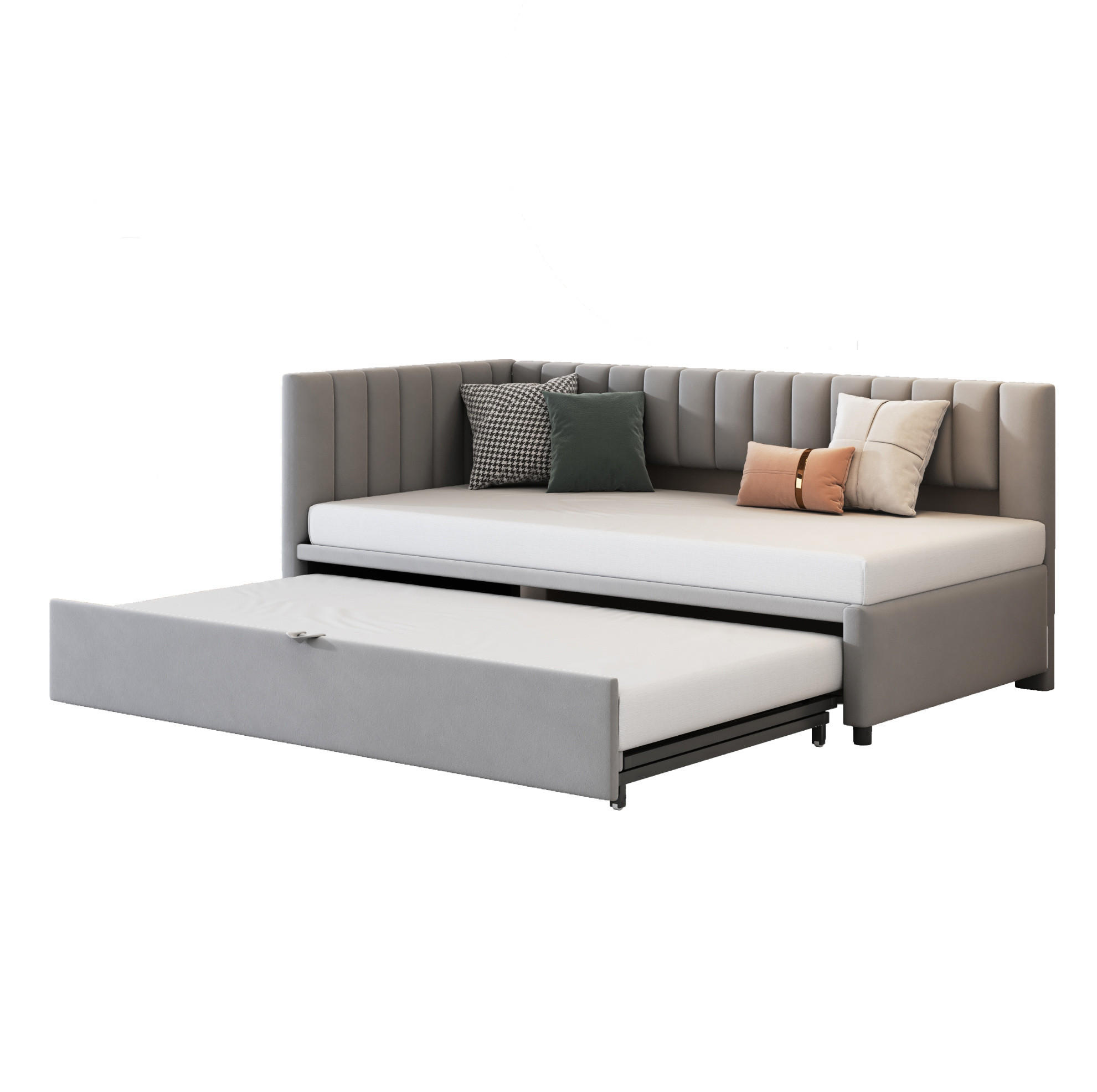 SAMT-POLSTERBETT 90/200 cm mit Ausziehbett und gepolstertem Kopfteil, Grau - Grau, Textil (90/180cm) - BEAOK