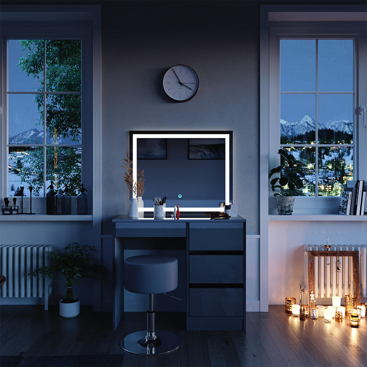 SCHMINKTISCH Sherry Grau 90 cm mit LED Spiegel und Hocker - Grau, Holzwerkstoff (90/75/40cm) - Vicco