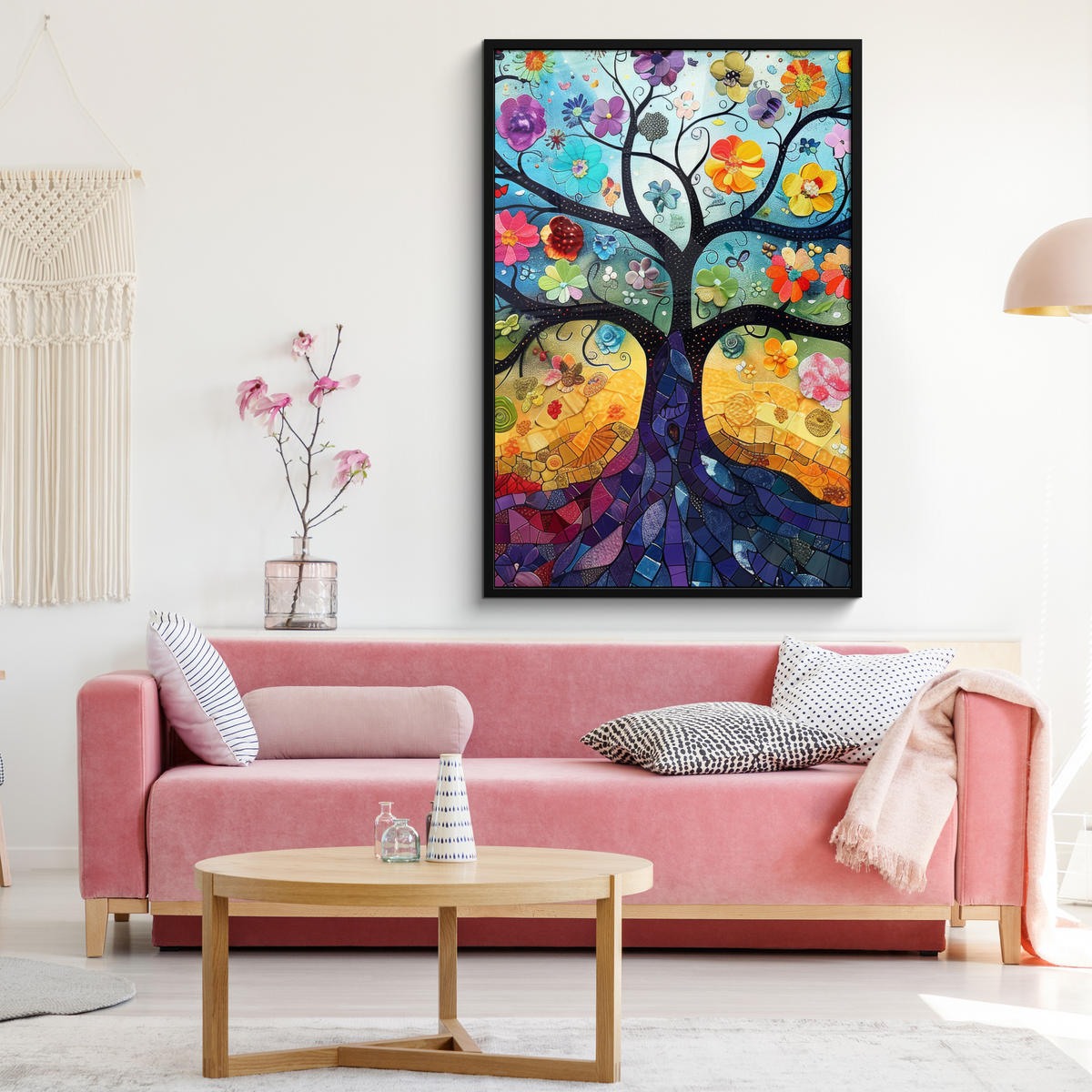 GERAHMTES BILD Kunst - Baum des Lebens - Blumen - Hippie 80x120 cm - Dunkelblau, Papier (80/120cm) - MuchoWow