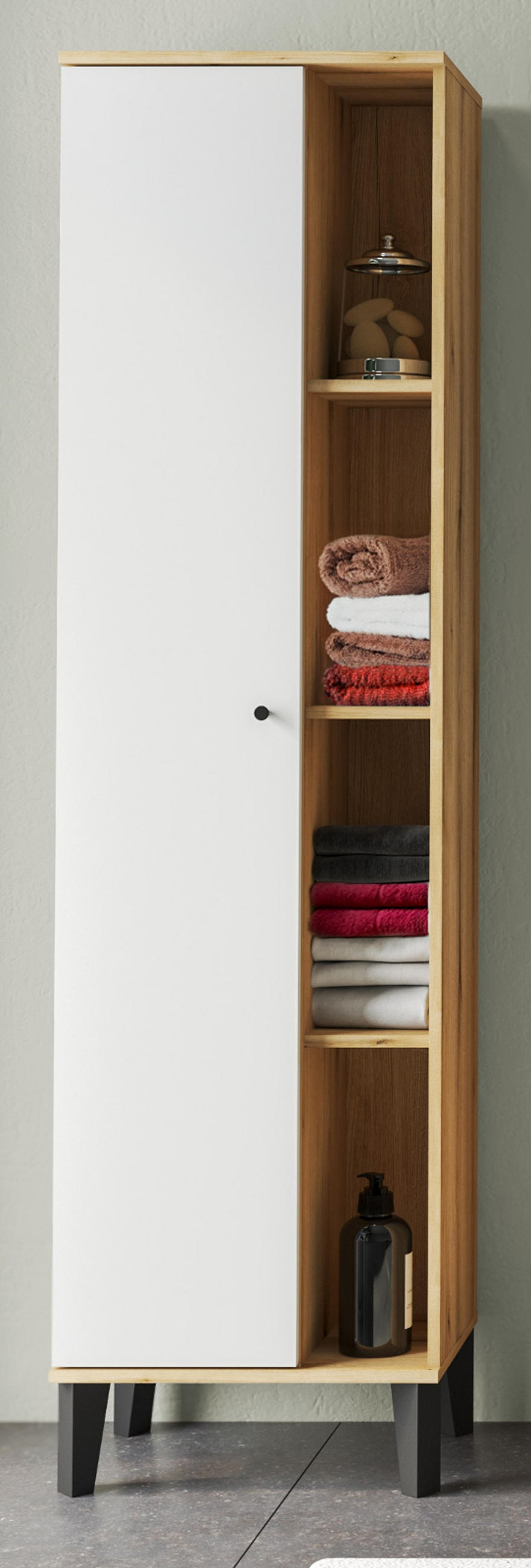 BAD-HOCHSCHRANK weiß, Evoke Eiche, Badschrank, 51 x 190 cm - Eichefarben/Schwarz, Holzwerkstoff/Kunststoff (51/190/33cm) - Furn.Design