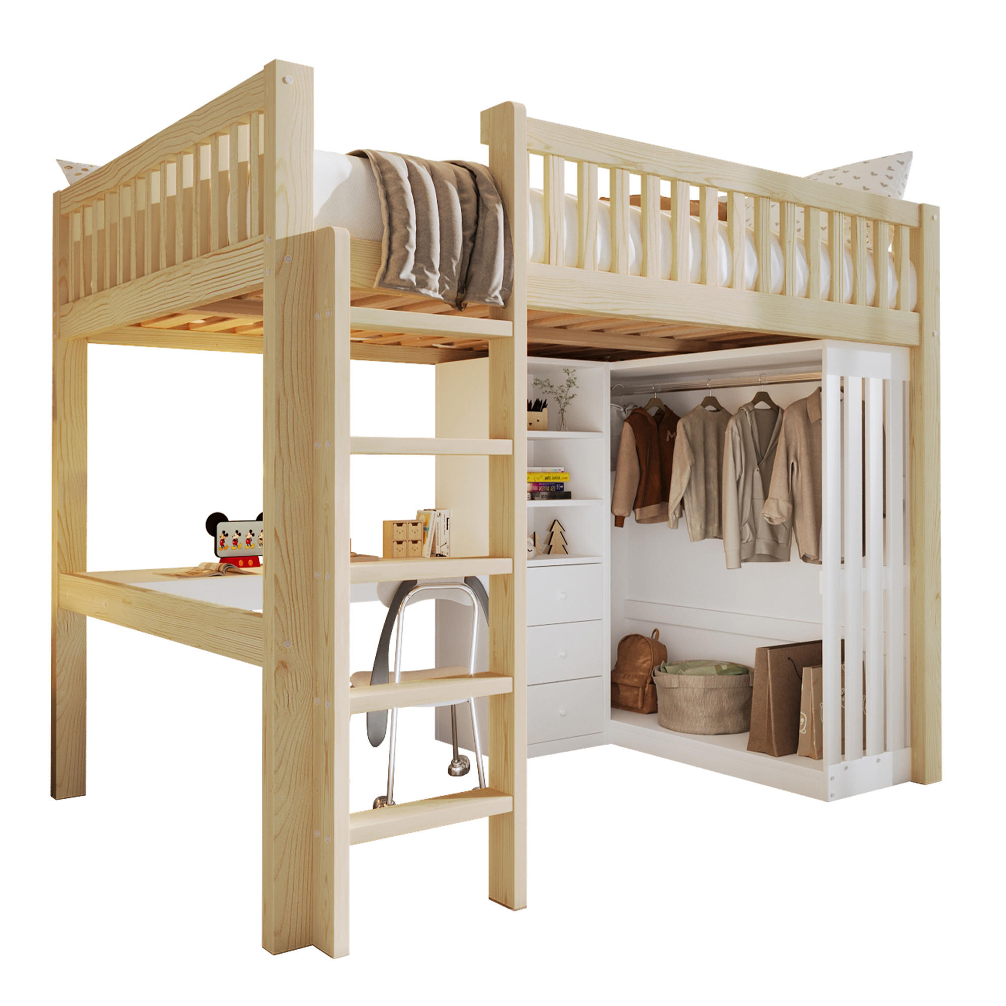STILVORA HOCHBETT 140/200 cm in Natur mit Schreibtisch, Kleiderschrank, 3 Schubladen und Treppe