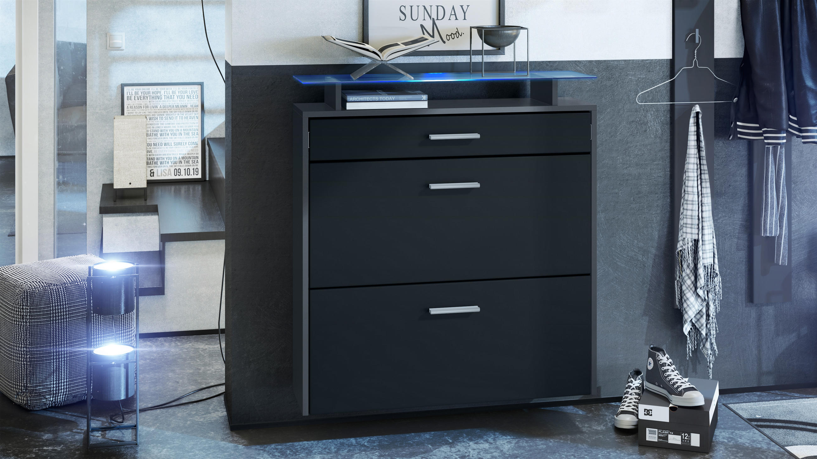 SCHUHSCHRANK Malea Fronten in Schwarz matt - Schwarz, Holzwerkstoff (89/96/23cm) - Vladon