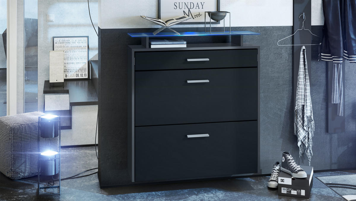 SCHUHSCHRANK Malea Fronten in Schwarz matt - Schwarz, Holzwerkstoff (89/96/23cm) - Vladon