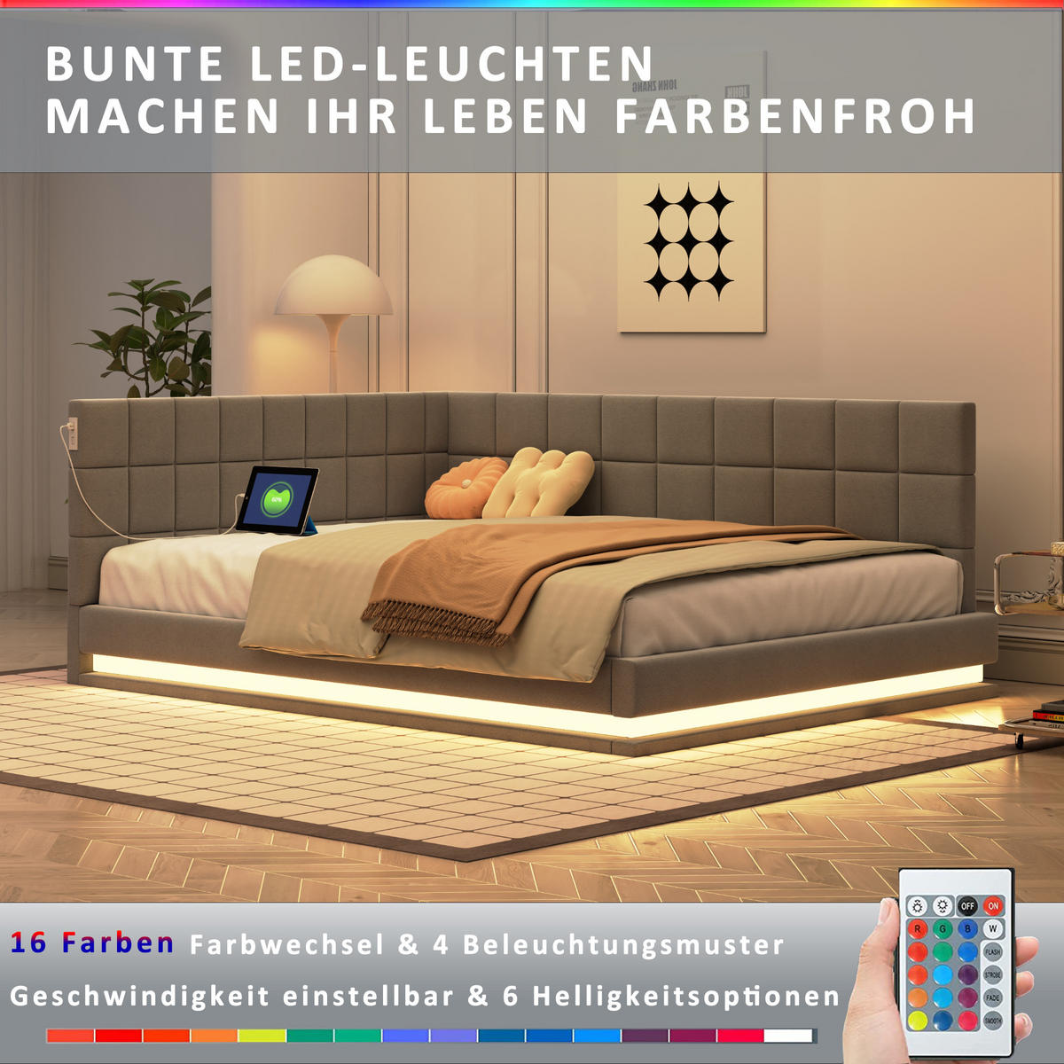 POLSTERBETT 140x200 Grau Leinen LED USB - Grau, Naturmaterialen (140/200cm) - FLIEKS