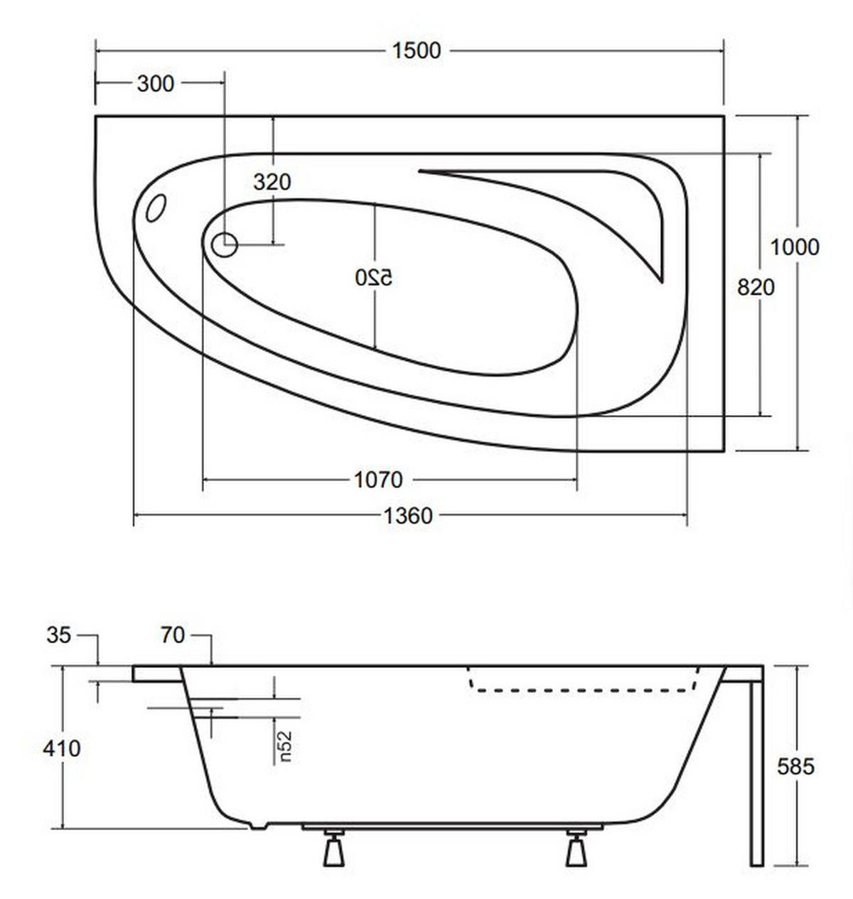 BADEWANNE Eckwanne CORNEA 150/100 Rechts mit Styro Ablauf Füße - Weiß, Kunststoff (100/58.5/150cm) - bad land