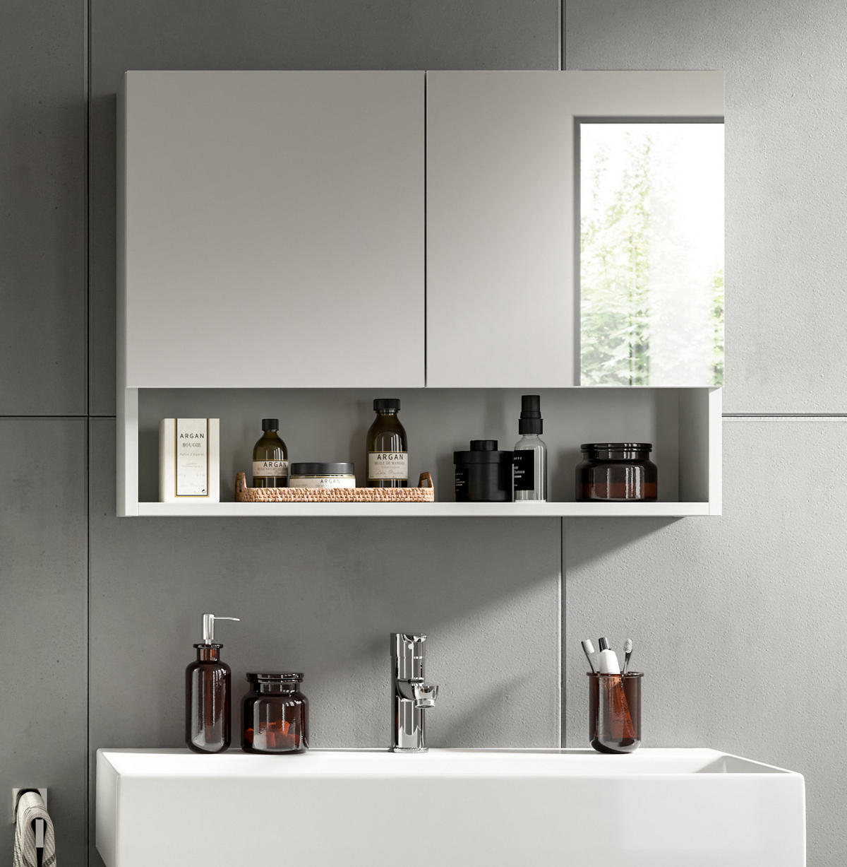 SPIEGELSCHRANK grau 74 cm, Badschrank 2-türig mit Soft-Close - Grau, Glas/Holzwerkstoff (74/55/17cm) - Inn.Furn